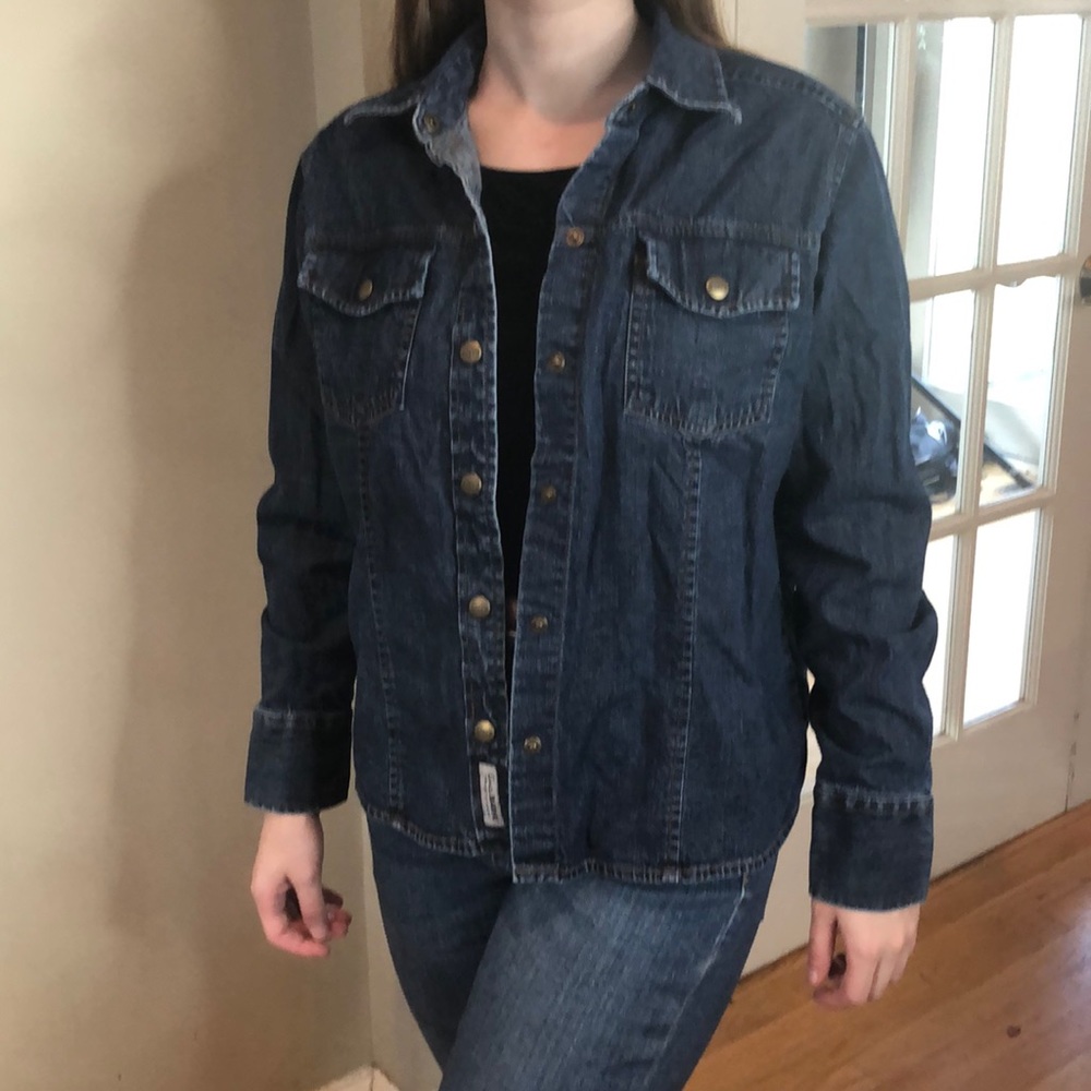 Eddie Bauer PS blue denim snap button shirt